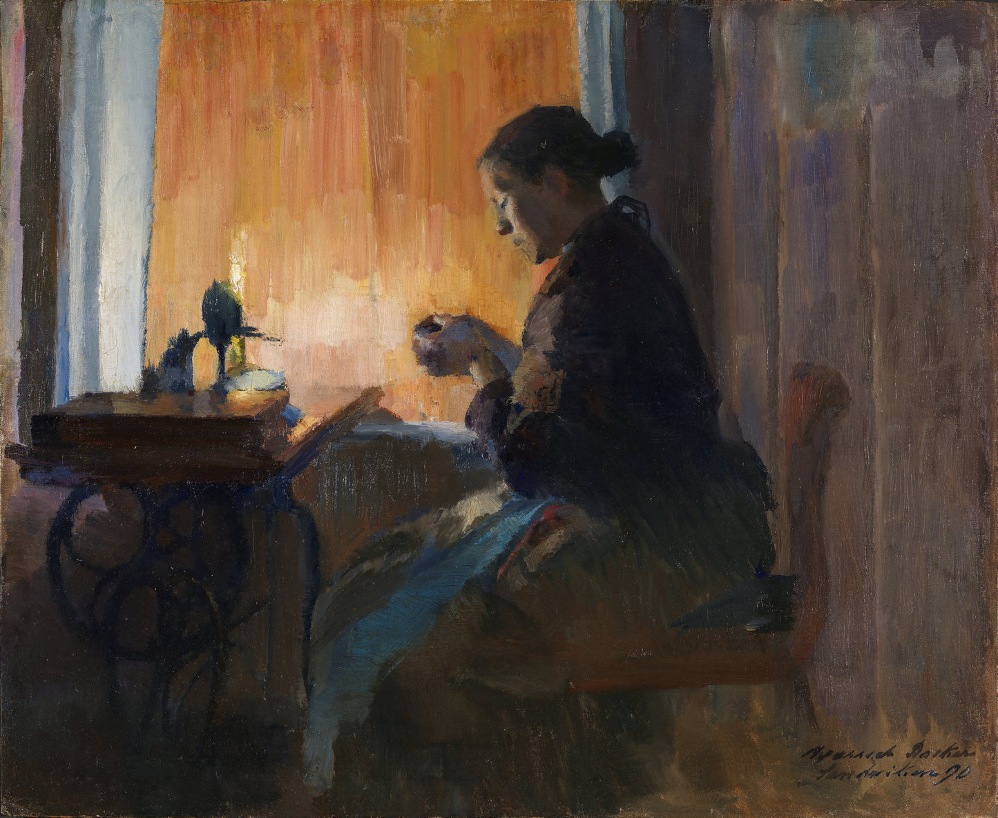 Woman sewing by lamplight