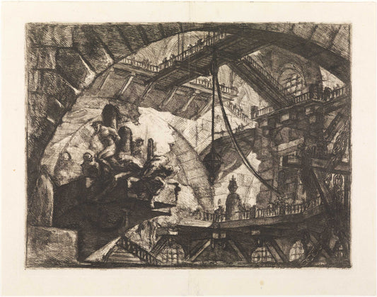 A group of prisoners under a large arch