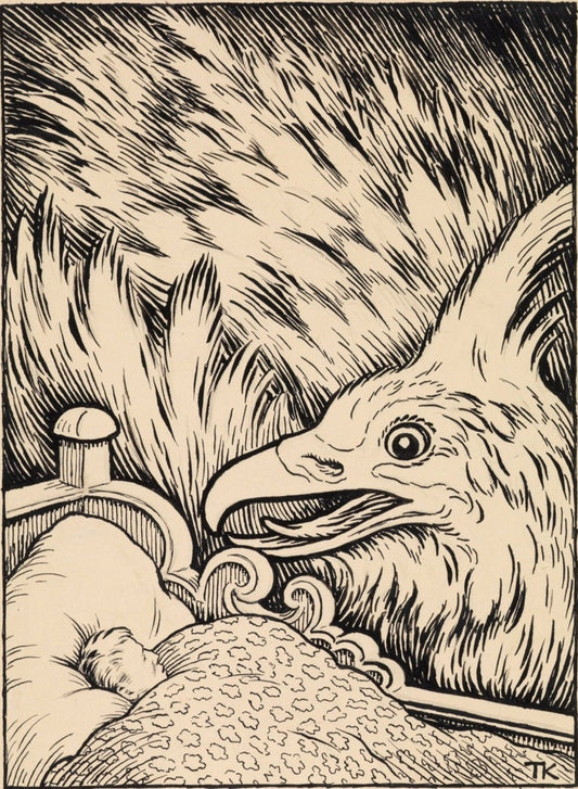 Variante der Darstellung für den Fugl-Staudamm in P.Chr. Asbjørnsen, Abenteuerbuch für Kinder. Norwegische Volksmärchen, Kristiania und Kopenhagen, 1908